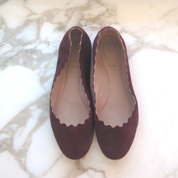 Chloe Suede Burgundy Purple Scalloped Ballerina Flats - Picture 5 of 5
